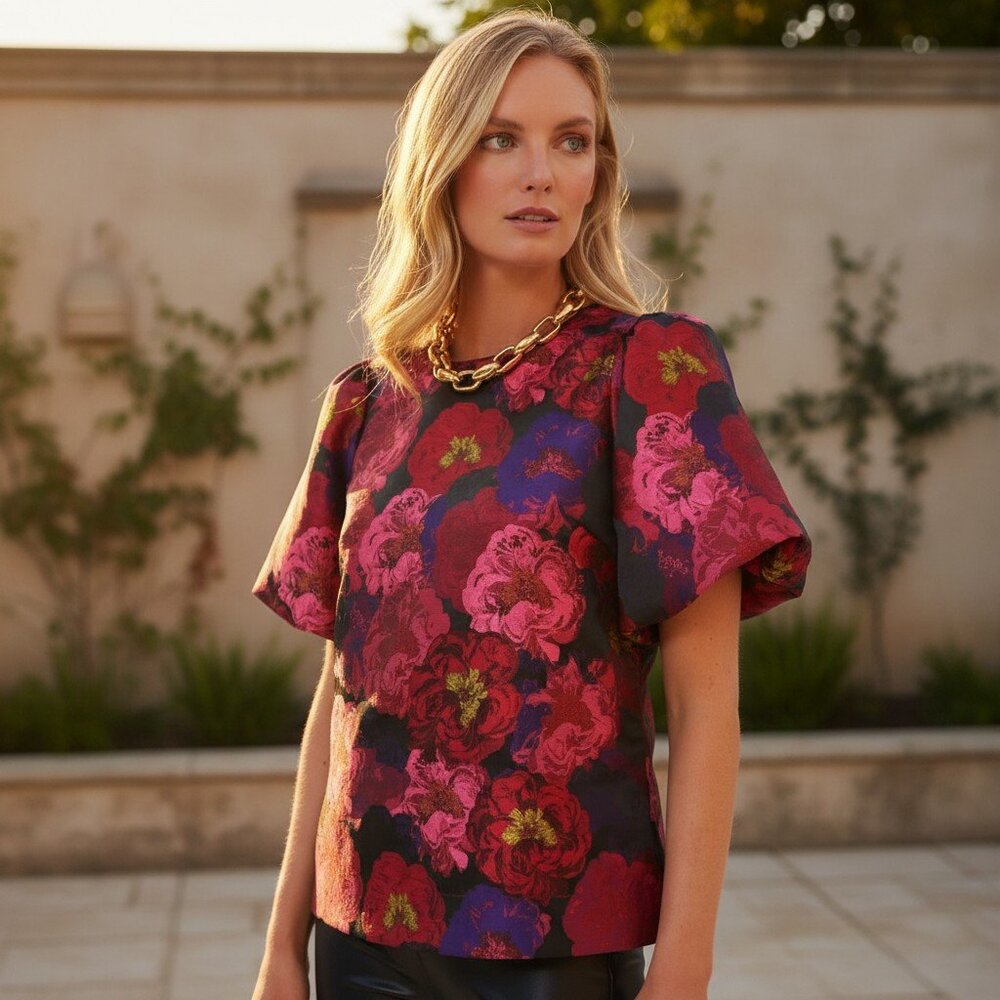 Pomander Place Lyla Floral Blouse Red Pink Puff Sleeve Top NWT XS